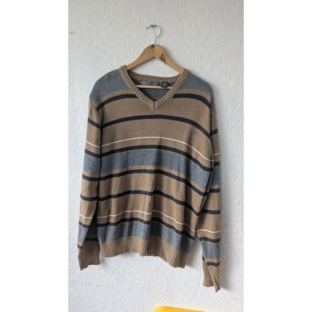 Oscar de la Renta Mens V-Neck Striped Sweater Tan Grey Black Cotton Blend‎ Large